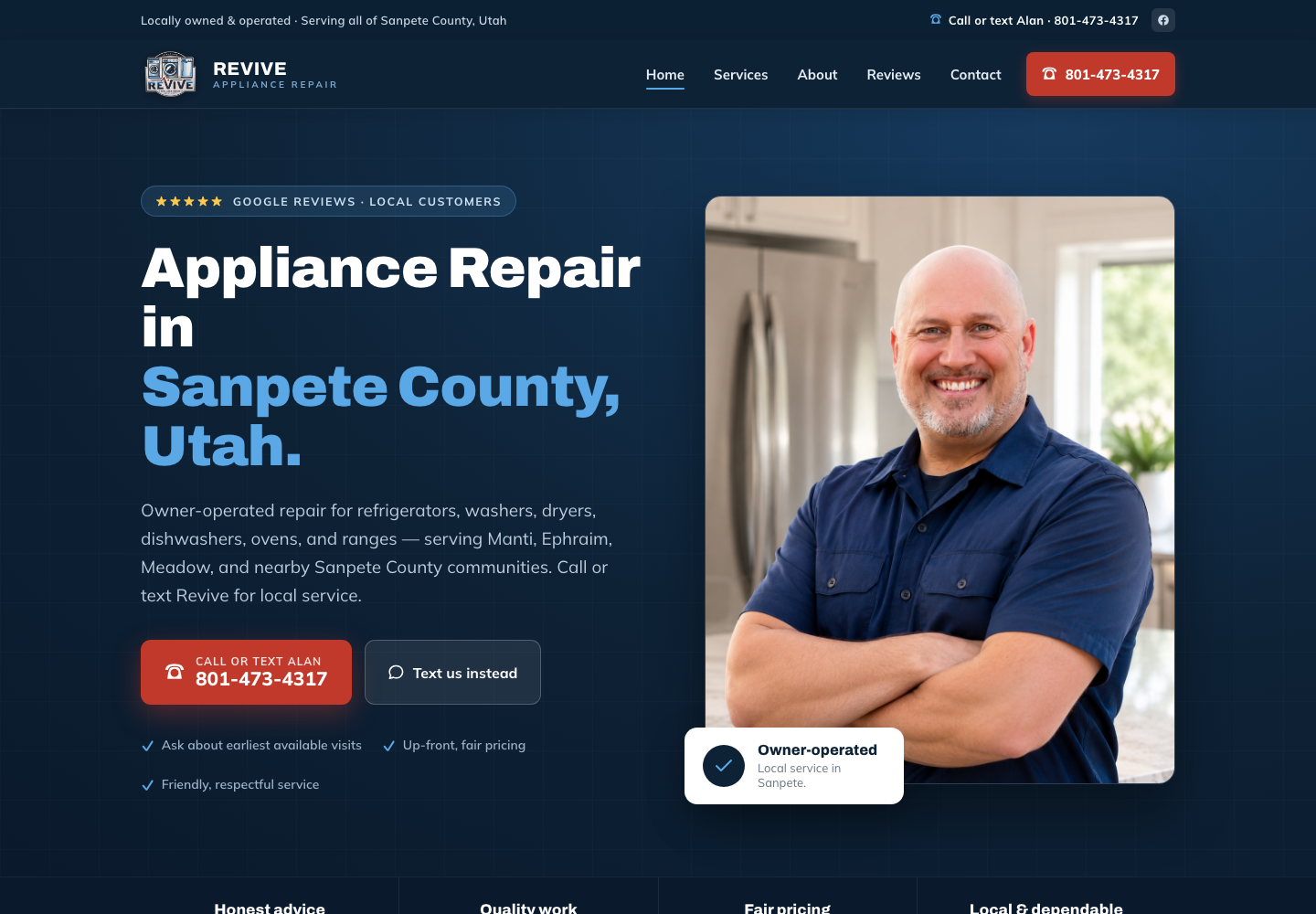 Live Revive Appliance Repair homepage on a desktop screen