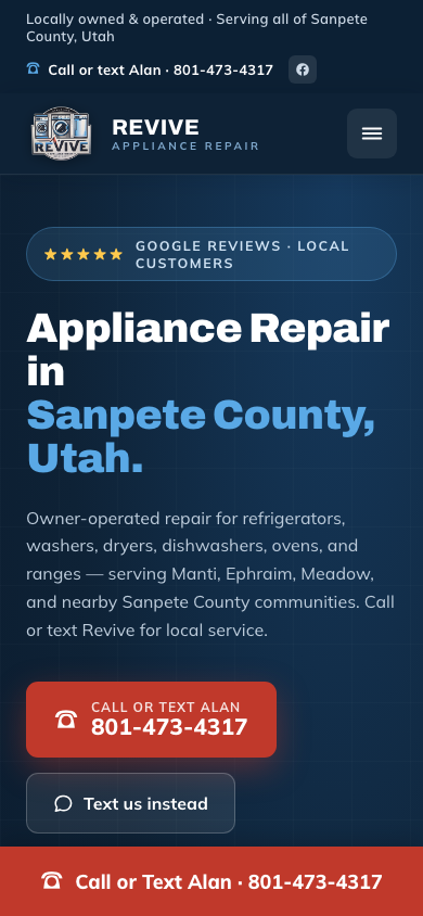 Live Revive Appliance Repair homepage on a phone